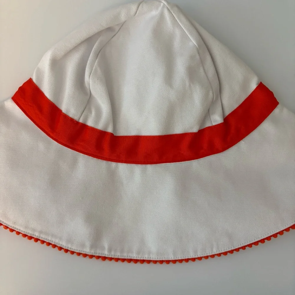 Janie and Jack white sunhat with orange bow and pom trim size 6-8